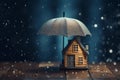 Small wooden house under umbrella in the rain, blue background, copy space. Home insurance and safety. AI generated Royalty Free Stock Photo