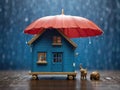 Small wooden house under umbrella in the rain. Generated with AI Royalty Free Stock Photo