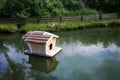 Small wooden house on water with reflection