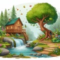 A small wooden house in a whimsical jungle with a river and small waterfall nearby, tree, wildflower, wallart design, painting