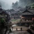 Small Wooden Houses in Small Mountain Villages in China in the Rain Royalty Free Stock Photo