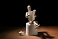 Small wooden mannequin reading newspaper while sitting on toilet paper roll against dark background