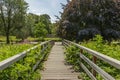 Small wooden pedestrian bridge over a stream surrounded by trees and green foliage vegetation Royalty Free Stock Photo