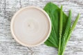 Small wooden plate as place for text, fresh greater plantain psyllium leaves and spikes flowers on white shabby wooden backgroun Royalty Free Stock Photo