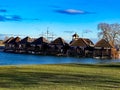 Small wooden recreation houses on pillars in water Royalty Free Stock Photo