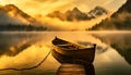 Small Wooden Rowing Boat in a Mountain Lake at Sunrise - Generative Ai Royalty Free Stock Photo