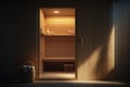 Small wooden sauna concept, warm light, country house, Generative AI