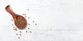 Small wooden scoop with flax linseed - Linum usitatissimum, on white stone like desk, view from above, space for text right side