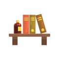 Wooden shelf in laboratory with science literature books and glass bottle with liquid. Cartoon flat vector design icon Royalty Free Stock Photo