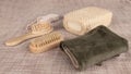 Small wooden spa set, sponge, pumice stone, a mirror, towel, brush, comb Royalty Free Stock Photo