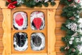 Small wooden window with Christmas decorations. Winter holidays concept Royalty Free Stock Photo