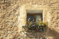 Small wooden window with potted flowers and greenery on old stone wall background. Details of Finestrat, Alicante Royalty Free Stock Photo