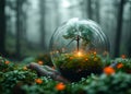 Small world or globe of glass in the forest at night with wind turbine and tree inside Royalty Free Stock Photo