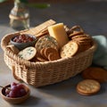 A small, woven cracker basket filled with a variety of crackers