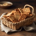 A small, woven cracker basket filled with a variety of crackers