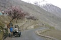 A small wrecked machinery car parking on a road with Cherry blossum