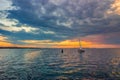 Small yacht on the Dnieper river near Cherkasy, Ukraine during beautiful sunset