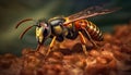 Small yellow bee stinging in close up, dangerous hornet colony generated by AI