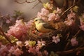 A small yellow bird in a nest on a tree with pink flowers. Spring and wild nature Royalty Free Stock Photo