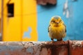 a small yellow bird sitting on a wall in front of a blue and yellow building Royalty Free Stock Photo