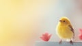 A small yellow bird sitting on a wooden ledge, AI