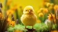 A small yellow bird standing on a rock surrounded by flowers, AI Royalty Free Stock Photo