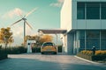 Small Yellow Car Parked in Front of Building, Technology fusion scene with electric vehicle charging at a sustainable wind-powered Royalty Free Stock Photo