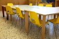 Small yellow chairs and tables inside a school classroom of the Royalty Free Stock Photo