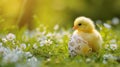 A small yellow chick in the half of an Easter egg on the green grass with spring flowers Royalty Free Stock Photo