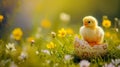 A small yellow chick in the half of an Easter egg on the green grass with spring flowers Royalty Free Stock Photo