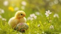 A small yellow chick in the half of an Easter egg on the green grass with spring flowers Royalty Free Stock Photo