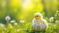 A small yellow chick in the half of an Easter egg on the green grass with spring flowers Royalty Free Stock Photo