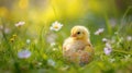 A small yellow chick in the half of an Easter egg on the green grass with spring flowers Royalty Free Stock Photo