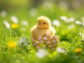 A small yellow chick sits in the half of an Easter egg on background of green grass and flowers Royalty Free Stock Photo