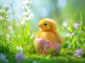 A small yellow chick sits in the half of an Easter egg on background of green grass and flowers Royalty Free Stock Photo