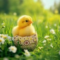 A small yellow chick sits in the half of an Easter egg on background of green grass and flowers Royalty Free Stock Photo