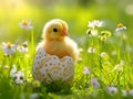 A small yellow chick sits in the half of an Easter egg on background of green grass and flowers Royalty Free Stock Photo