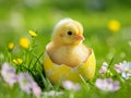 A small yellow chick sits in the half of an Easter egg on background of green grass and flowers Royalty Free Stock Photo