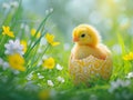 A small yellow chick sits in the half of an Easter egg on background of green grass and flowers Royalty Free Stock Photo