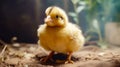 Small yellow chick standing on top of dirt ground next to plant. Generative AI