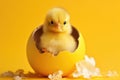 A small yellow chicken sits in an egg on a yellow background Royalty Free Stock Photo