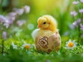 A small yellow fluffy chick in the half of an Easter egg on the green grass with spring flowers Royalty Free Stock Photo