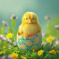 A small yellow fluffy chick in the half of an Easter egg on the green grass with spring flowers Royalty Free Stock Photo