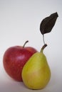 Small yellow pear with brown leaf together at a red apple