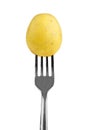Small yellow potato on a fork isolated on white