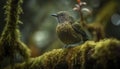 Small yellow songbird perching on branch, singing in tranquil forest generated by AI