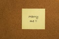 Small yellow sticky note on office noticeboard Royalty Free Stock Photo