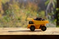 A small yellow toy truck is loaded with brown coffee beans. A car on a wooden surface against a background of autumn forest. Extr