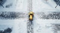 Small yellow tractor driving through the crossroads, working on snowy city streets in winter. Cleaning roadss. Generative AI