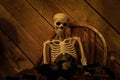 Small young skeleton sitting in a highchair playing with pet spider